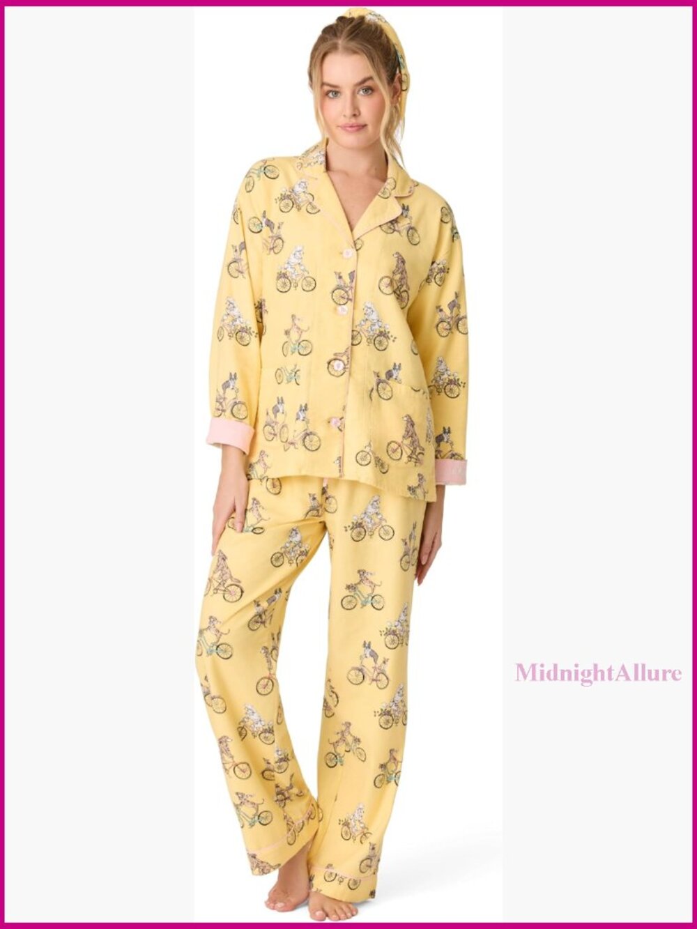 Women's Cotton Flannel 3-Piece Pajama Set Long Sleeve Top Pant Headband